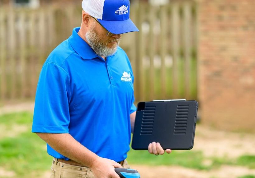 Blue Line owner Jeff Riggins conducting on-site painting estimate in Muncie backyard