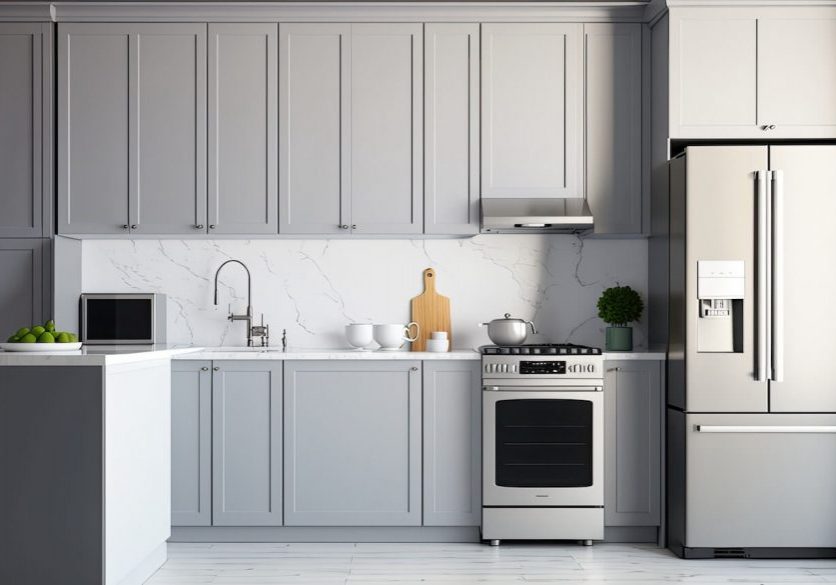 Refinished white kitchen cabinets by Blue Line Paint Co Muncie