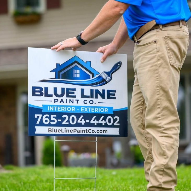 Muncie painter Jeff Riggins placing Blue Line yard sign at client home